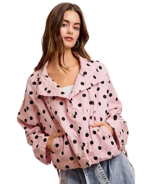 Polka Dot Hooded Windbreaker Jacket - Reg/Curvy - Dusty Pink - Salty Lime Boutique