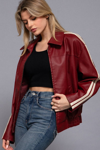 Long Sleeve Line Detail Faux Leather Jacket: - 2 COLORS - REG/CURVY - Salty Lime Boutique