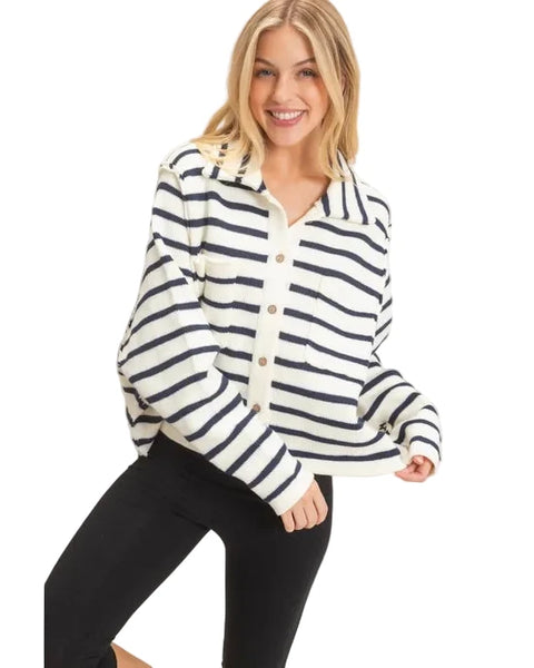 Coastal Charm Striped Button-Front Cardigan - Cream/Navy