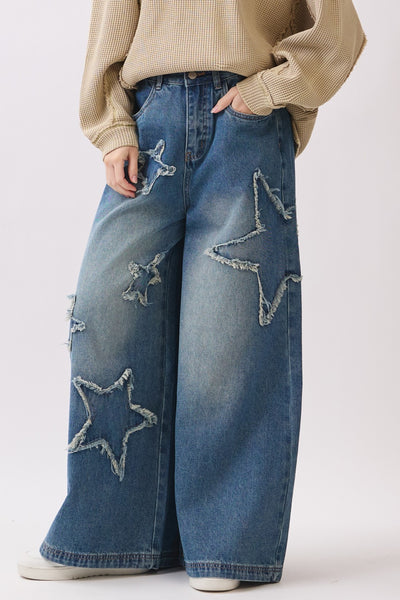 STAR PATCHWORK WIDE LEG DENIM PANT - DENIM