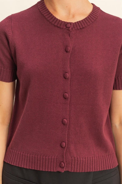 CREW NECK SHORT SLEEVE BUTTON UP CARDIGAN- DARK CHERRY