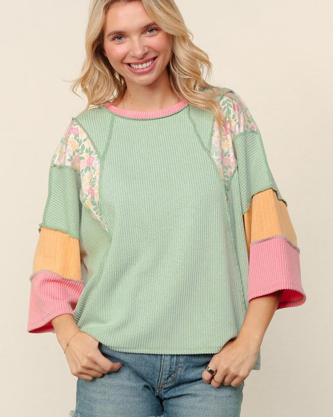 JASMINE FLORAL COLOR BLOCK RIB KNIT TOP - MINT