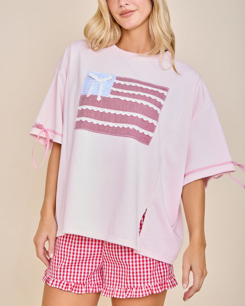 PATRIOTIC RIBBON PATCH SHORT SLEEVE BOXY TOP- PINK - Salty Lime Boutique
