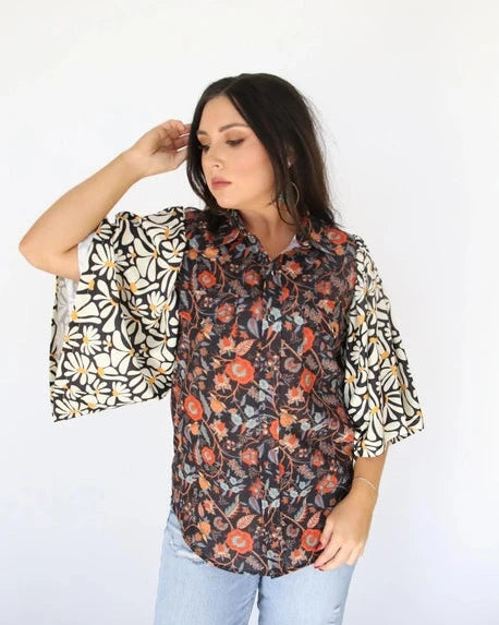 TH102 Mixed Pearl Snap -Black Floral - REG/CURVY - Salty Lime Boutique