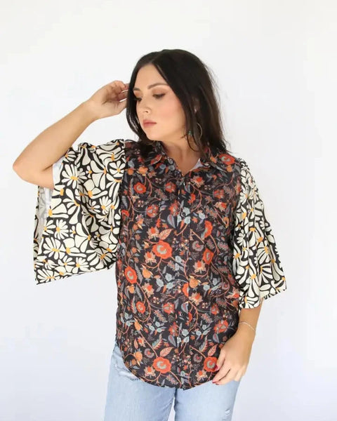TH102 Mixed Pearl Snap -Black Floral - REG/CURVY - Salty Lime Boutique