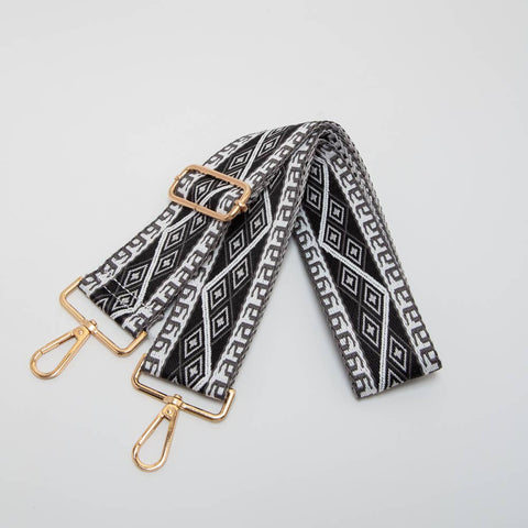 GEOMETRIC DIAMOND WOVEN ADJUSTABLE WOVEN BAG STRAP - BLACK/WHITE