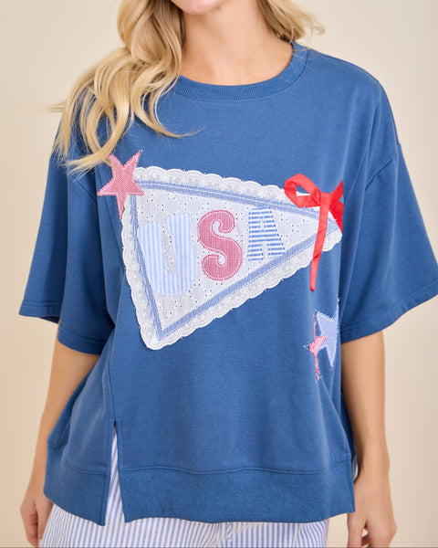 USA LACE PENNANT RIBBON SHORT SLEEVE- BOXY NAVY BLUE TEE - Salty Lime Boutique