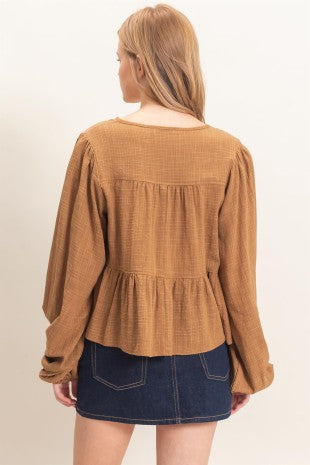 Hello Darling Peplum Top - Brown