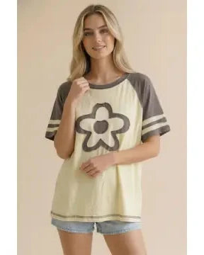 Flower Patch Short Sleeve Color Block Top - Grey - Reg/Curvy - Salty Lime Boutique
