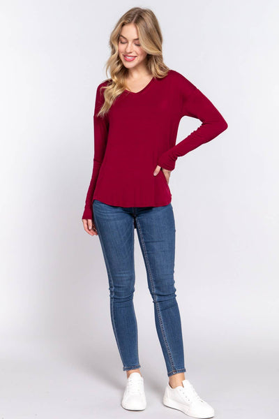 LONG DOLMAN SLEEVE V-NECK LAYERING TOP - 3 COLORS