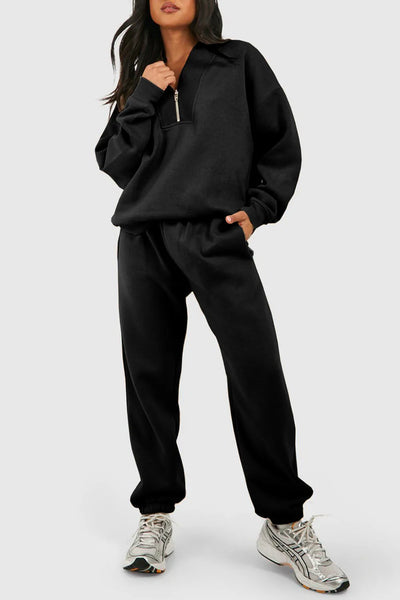 RUNNING LATE HALF ZIP V-NECK JOGGER SET - BLACK