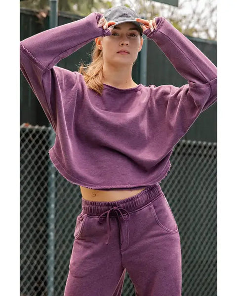 Mineral Washed Off Shoulder Boxy Top - Black Cherry - Salty Lime Boutique
