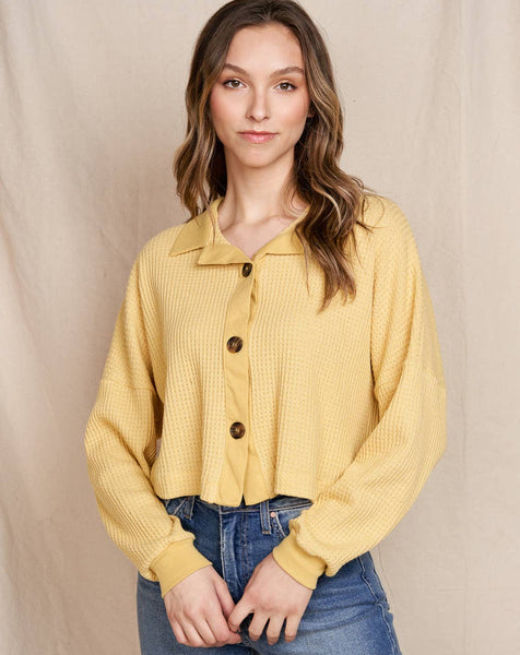 The Sunny Waffle Button-Up Top - Mustard