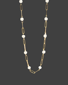PEARL AND PAPERCLIP CHAIN NECKLACE  - 18K PLATED GOLD