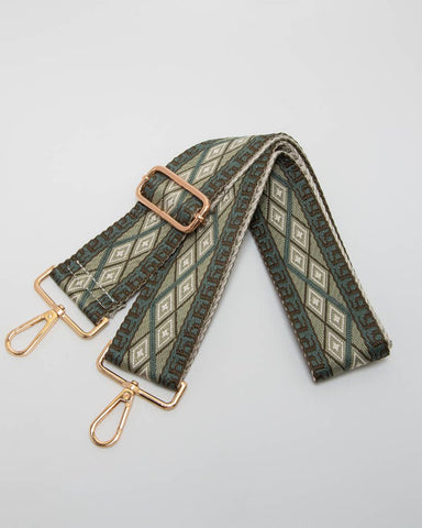 GEOMTRIC DIAMOND WOVEN ADJUSTABLE CANVAS BAG STRAP  - OLIVE/GRAY
