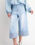 EMBROIDERED HEM WASHED STRETCH DENIM PANTS -  LT DENIM