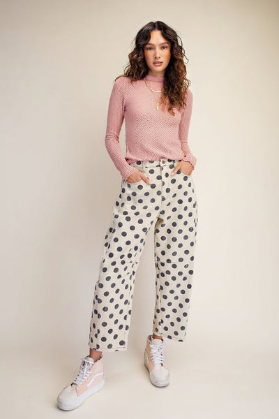 Easel Dots Printed Mineral Washed Denim Barrel Pant - Sand - Salty Lime Boutique