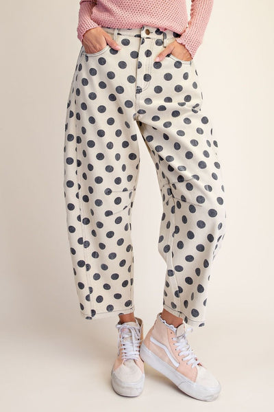Easel Dots Printed Mineral Washed Denim Barrel Pant - Sand - Salty Lime Boutique