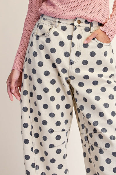 Easel Dots Printed Mineral Washed Denim Barrel Pant - Sand - Salty Lime Boutique