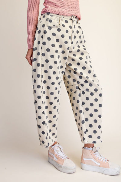 Easel Dots Printed Mineral Washed Denim Barrel Pant - Sand - Salty Lime Boutique