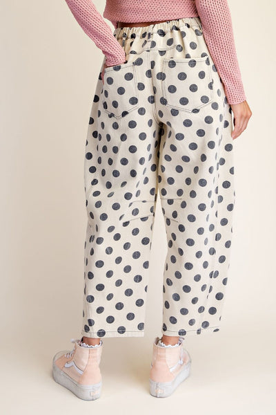 Easel Dots Printed Mineral Washed Denim Barrel Pant - Sand - Salty Lime Boutique