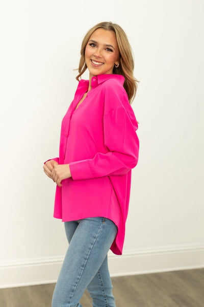 KATHRYN BUTTON DOWN TOP - HOT PINK