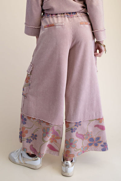 Floral Print Mix Washed Terry Pants- Mauve - Salty Lime Boutique