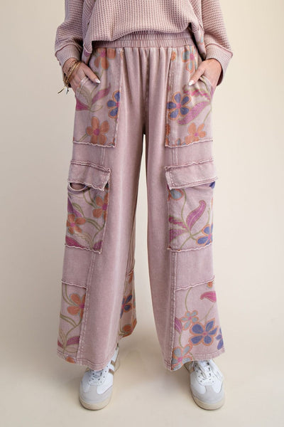 Floral Print Mix Washed Terry Pants- Mauve - Salty Lime Boutique