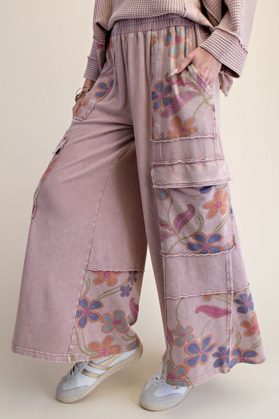 Floral Print Mix Washed Terry Pants- Mauve - Salty Lime Boutique
