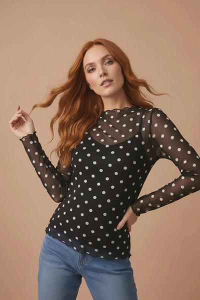 Polka Dot Mesh Semi Sheer Top - Black - Salty Lime Boutique