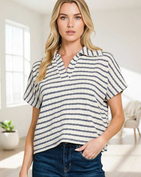 Striped Split Neck Collared Top: DENIM - Salty Lime Boutique