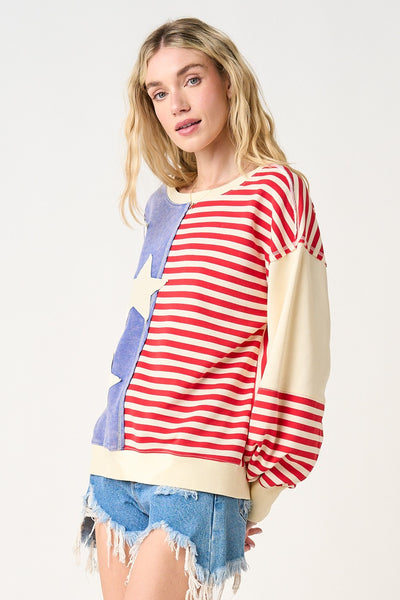American Flag Patchwork Color Block Sweatshirt C15773_3 - Salty Lime Boutique