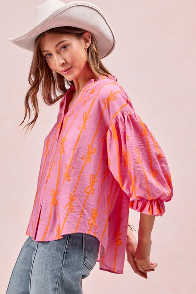 BOW RIBBON PRINTED WOVEN BUBBLE SLEEVES TOP WIHT BUTTON DOWN - REG/CURVY - Salty Lime Boutique