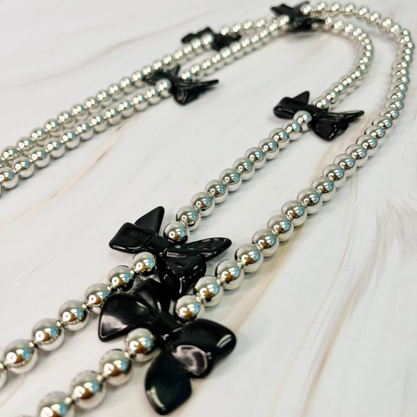 BOWS & BEADS CROSSBODY PHONE LANYARD - SILVER