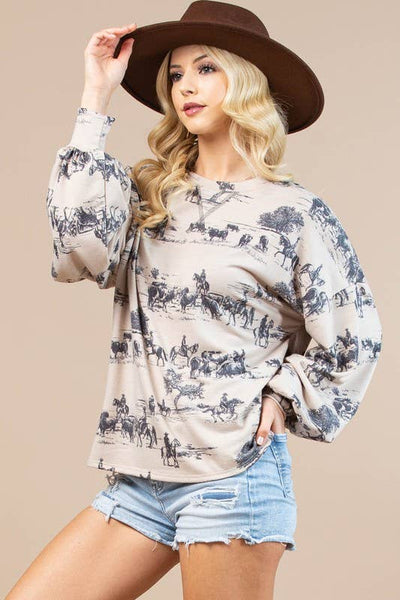 HAILEY WESTERN PRINT SWEATSHIRT - KHAKI/CHARCOAL