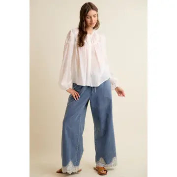 Elizabeth Denim Lace Trim Pants - Med Wash - Salty Lime Boutique
