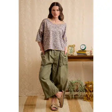 Washed Cotton Oversized Pockets Wide Cargo Pants - Olive - Salty Lime Boutique