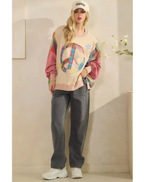 PATCHWORK PEACE SIGN PLAID SWEATSHIRT - CORAL