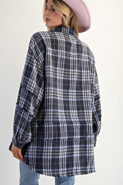 LONG SLEEVE MINERAL WASHED PLAID TOP BY EASEL - NAVY