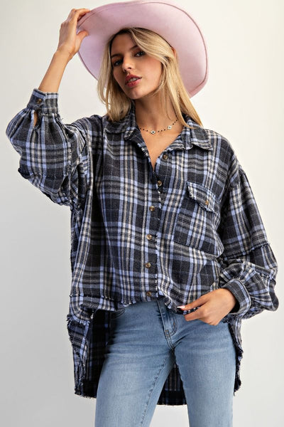 LONG SLEEVE MINERAL WASHED PLAID TOP BY EASEL - NAVY