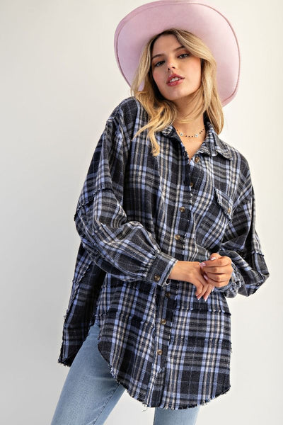 LONG SLEEVE MINERAL WASHED PLAID TOP BY EASEL - NAVY