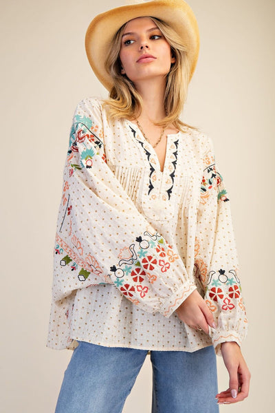 EMBROIDERED DOLMAN SLEEVE WOVEN BLOUSE- EASEL - Salty Lime Boutique