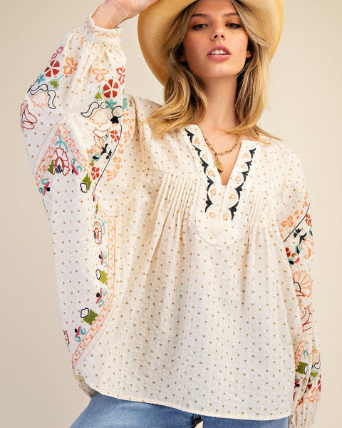 EMBROIDERED DOLMAN SLEEVE WOVEN BLOUSE- EASEL - Salty Lime Boutique