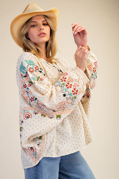 EMBROIDERED DOLMAN SLEEVE WOVEN BLOUSE- EASEL - Salty Lime Boutique