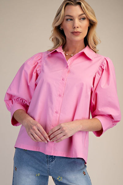 PUFF SLEEVE COTTON POPLIN BUTTON UP TOP - PINK - Salty Lime Boutique
