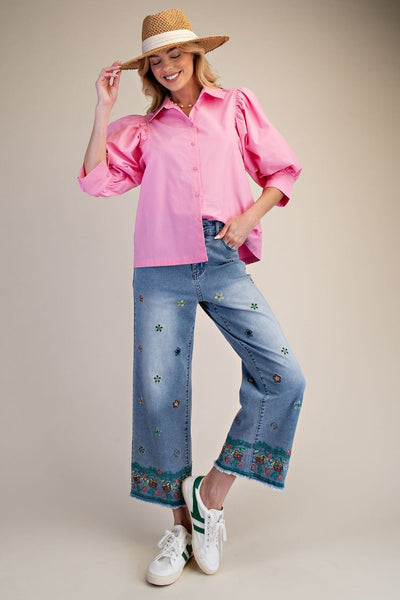 PUFF SLEEVE COTTON POPLIN BUTTON UP TOP - PINK - Salty Lime Boutique