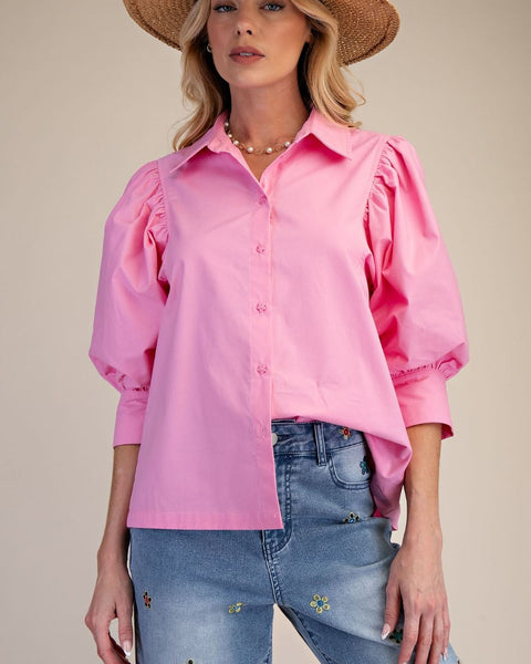 PUFF SLEEVE COTTON POPLIN BUTTON UP TOP - PINK - Salty Lime Boutique
