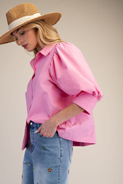 PUFF SLEEVE COTTON POPLIN BUTTON UP TOP - PINK - Salty Lime Boutique