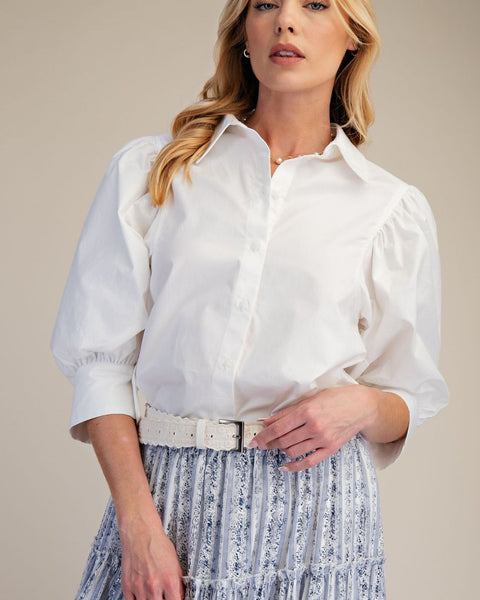 PUFF SLEEVE COTTON POPLIN BUTTON UP TOP - WHITE - Salty Lime Boutique