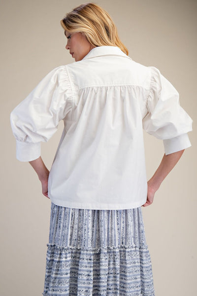 PUFF SLEEVE COTTON POPLIN BUTTON UP TOP - WHITE - Salty Lime Boutique
